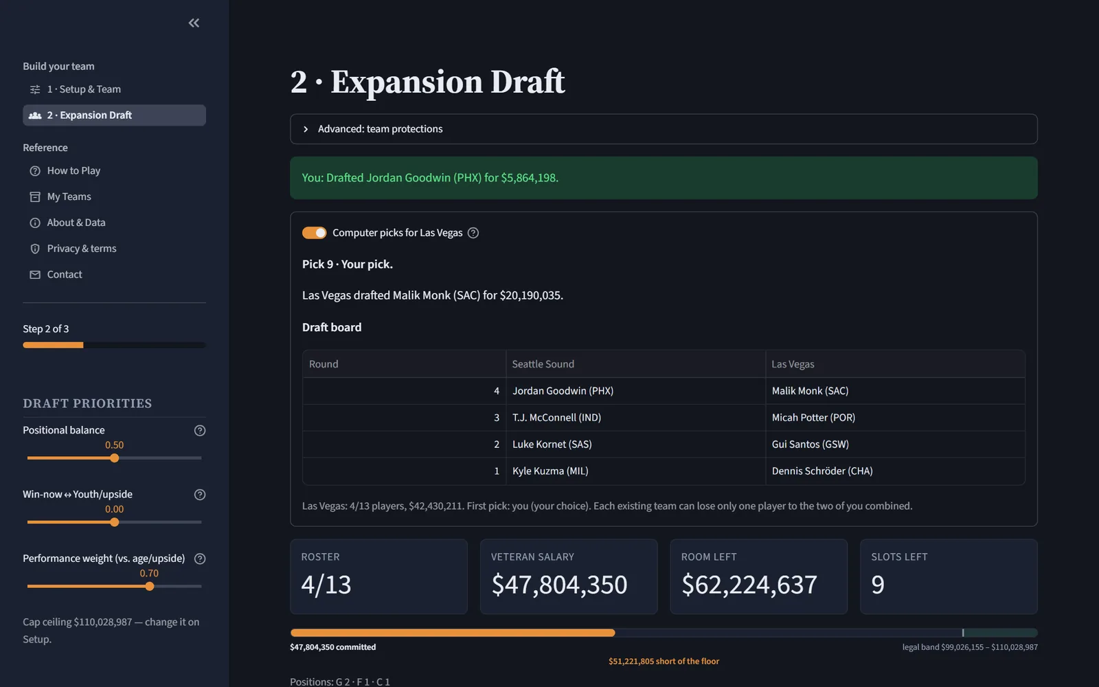 The draft page mid-draft: a draft board showing both expansion teams' picks, round by round, above the salary and roster totals.
